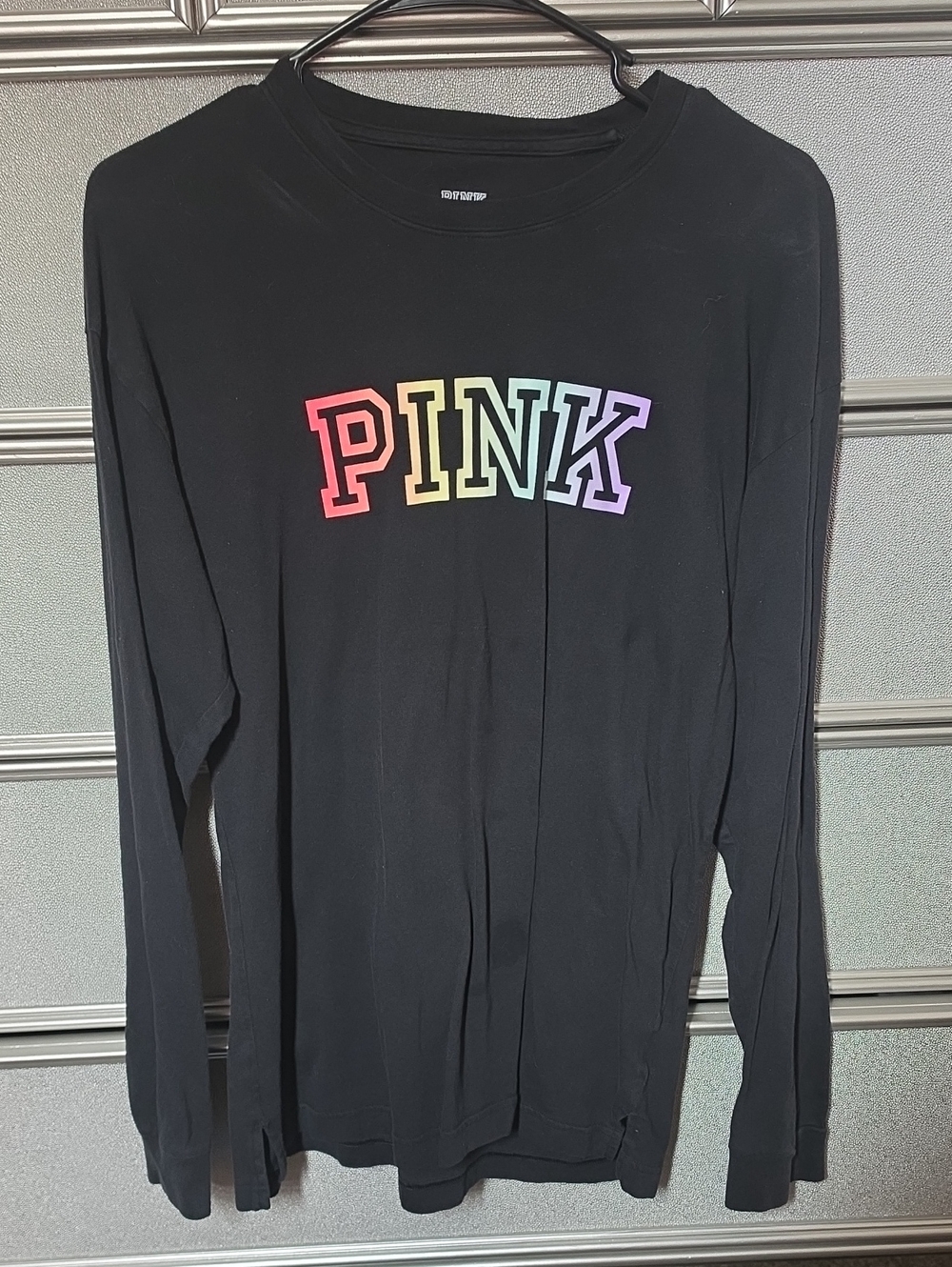 PINK Victoria's Secret Black Long-Sleeve Tee with Rainbow Logo Has